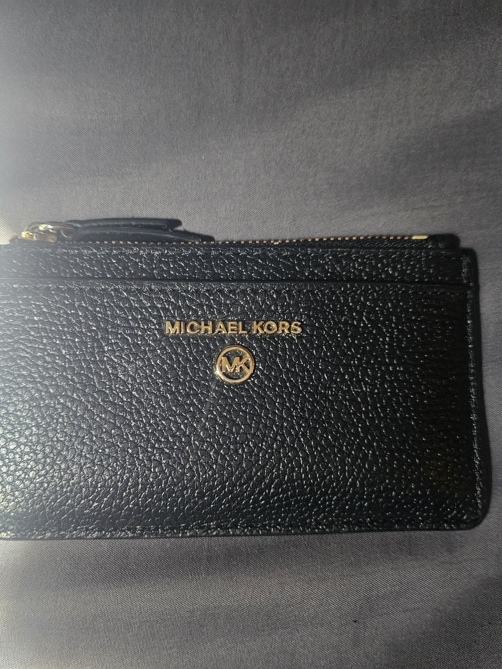 MICHAEL KORS Black Pebbled Leather Card Case with Gold Logo